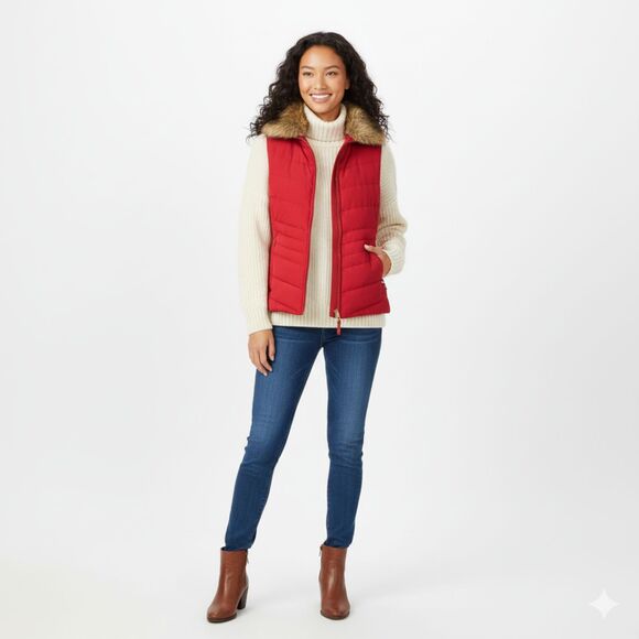 Talbots Red Quilted Down Puffer Vest with Removable Faux Fur Collar Size Small - Picture 2 of 8
